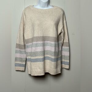 J. Jill Women’s Cotton Blend Oversized Striped Sweater Cream Gray Pink Blue Sz S